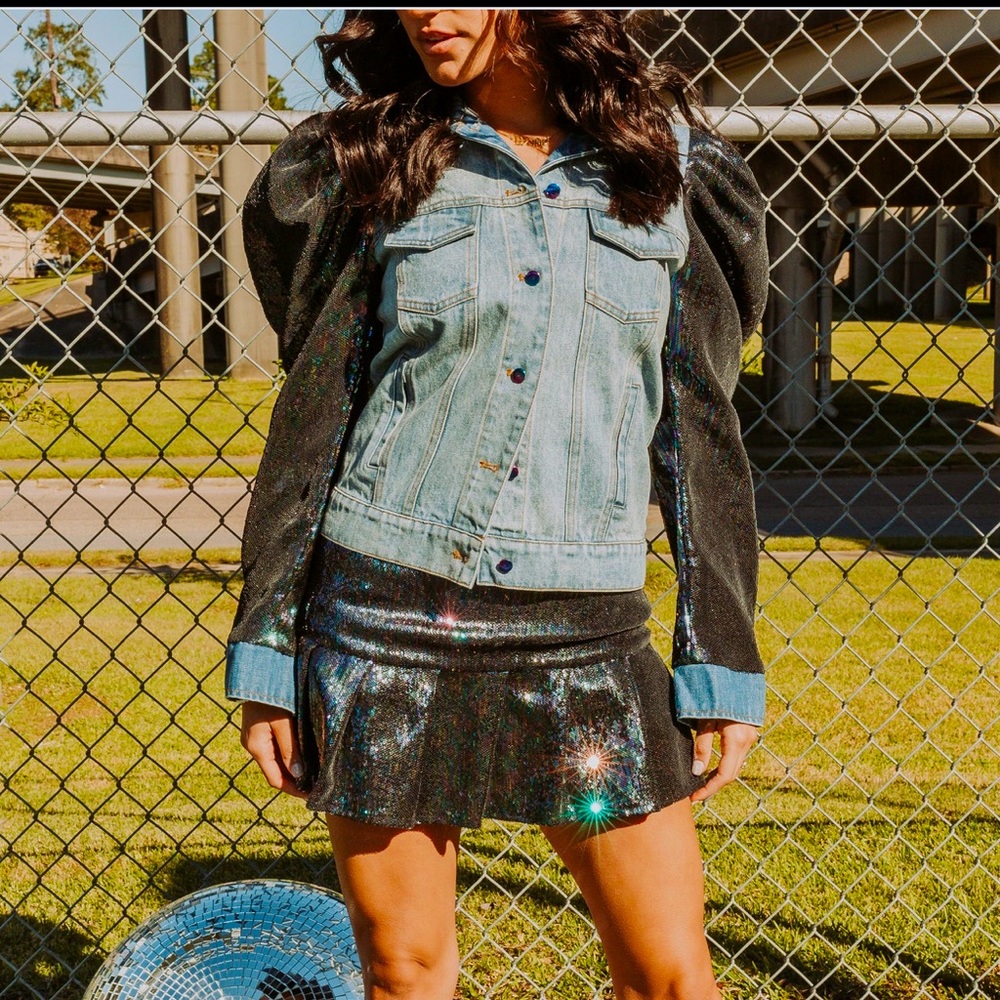 ❌SOLD❌ QOS- Sequin Puff Sleeve Denim Jacket - Size Large